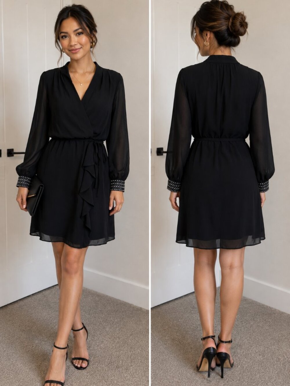 Jessica Howard Black Faux Wrap Sheer Sleeve Dress